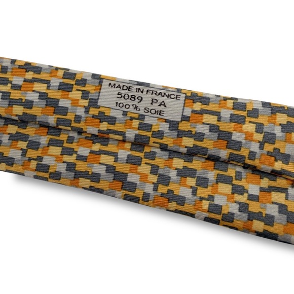 Hermes Silk Tie Mens 62"L Yellow Orange Grey Geometric Mosaic 5089 PA France - Picture 3 of 6